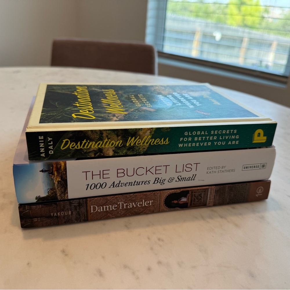 Set of travel and wellness books, decorative books, traveling books